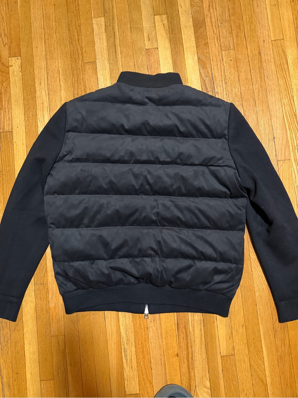 Suede Leather Black Quilted Puffer Jacket with Knit Sleeves and Goose Down - Picture 2 of 15